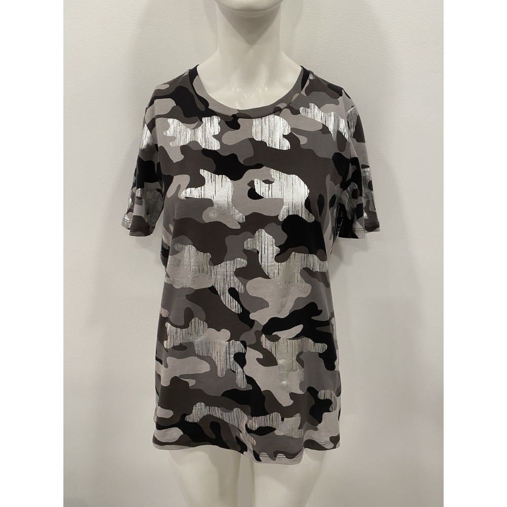 Michael Kors Womens T-Shirt P/S Black Silver Camo Foilโ Logo Tee Top Street Glam - Picture 4 of 11